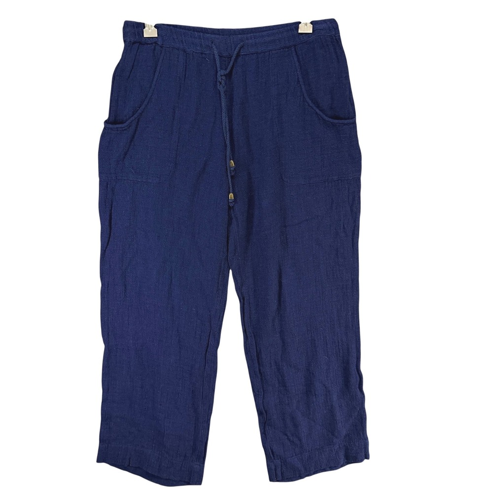 Soft Surroundings Pants Womens XS Petite Blue Linen Blend Pull On Crop Coastal